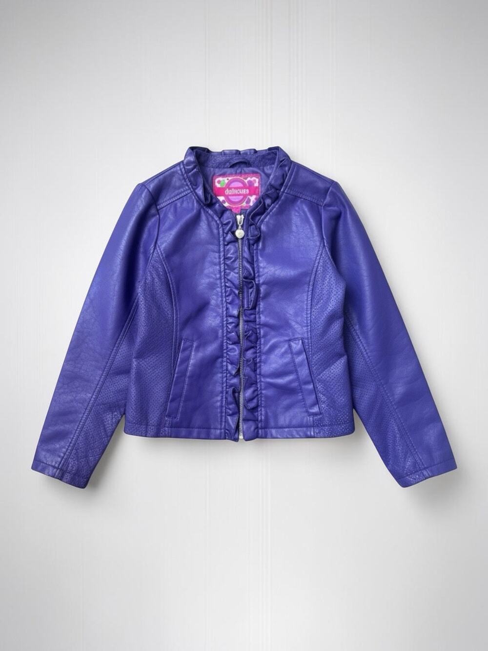 Dollhouse Ruffle Faux Leather Moto Jacket, Girl’s Size L (6X), Purple